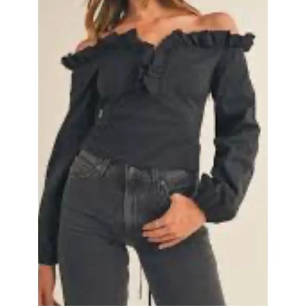 Mable Off-Shoulder Long Sleeve Black Top with Ruffle Detail corset lacing back
